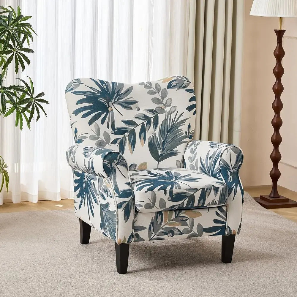 High Back Upholstered Button Tufted Accent Chair With Wooden Legs