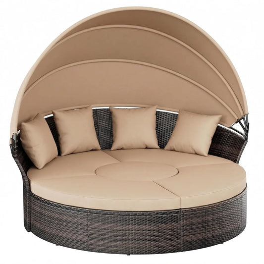 Patio Daybed With Retractable Canopy Wicker Rattan Set