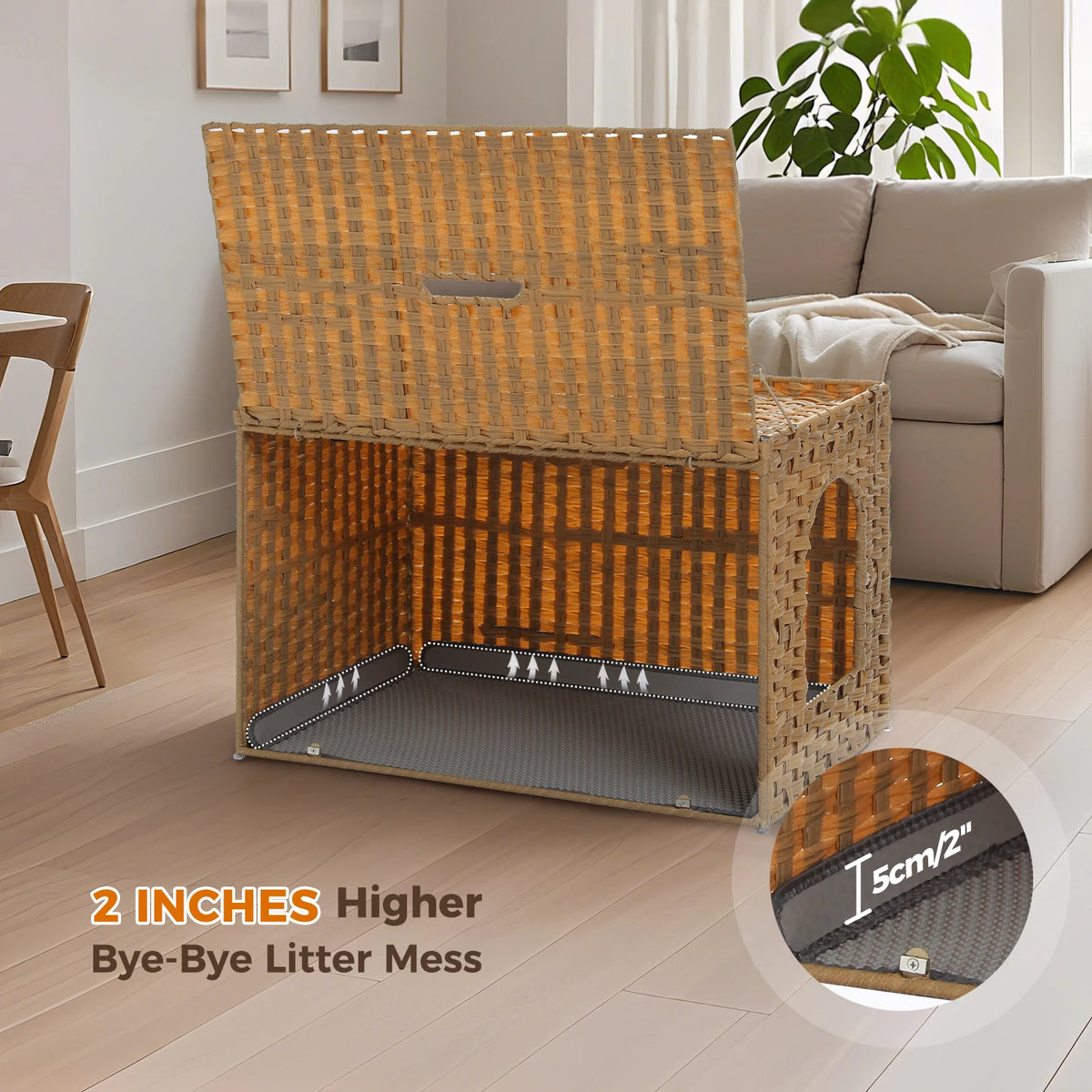 PEQULTI Rattan Cat Litter Box Enclosure With Flip Up Design