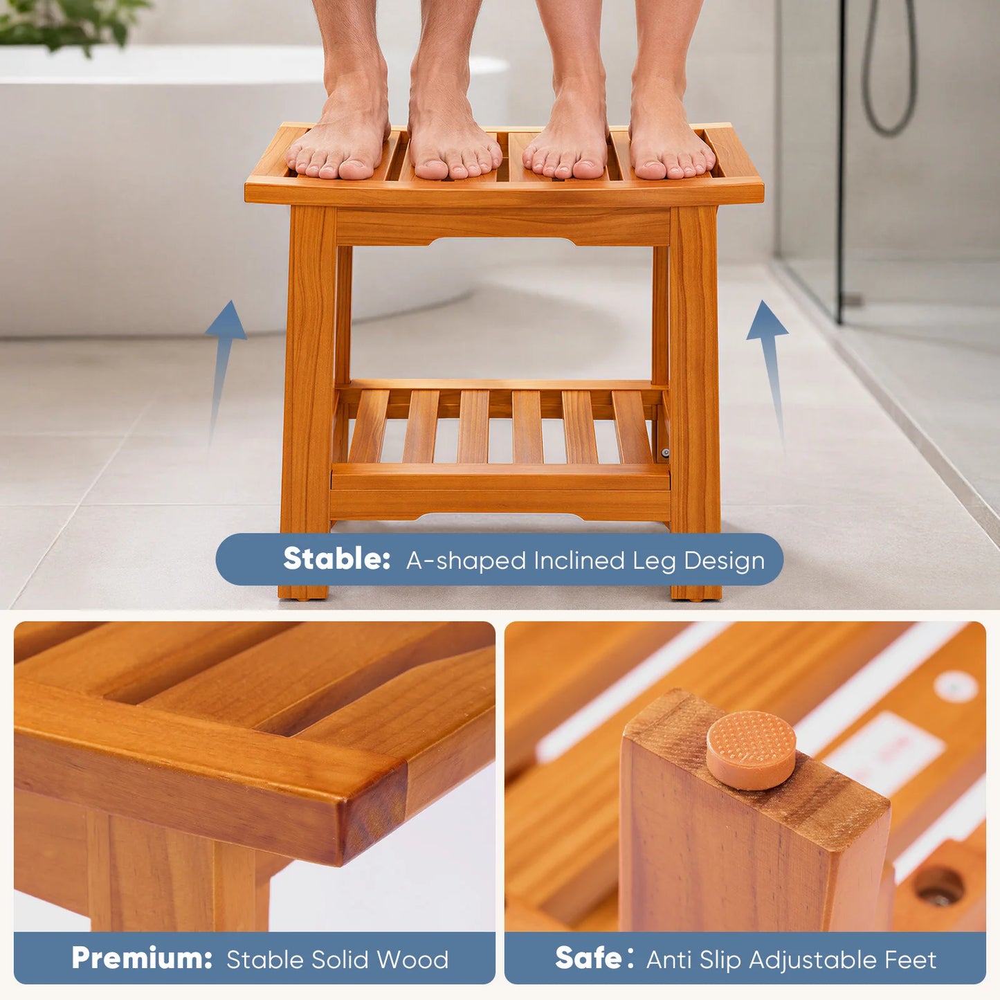 JHK Wooden Bathroom Shower Bench With Storage Shelf Handles