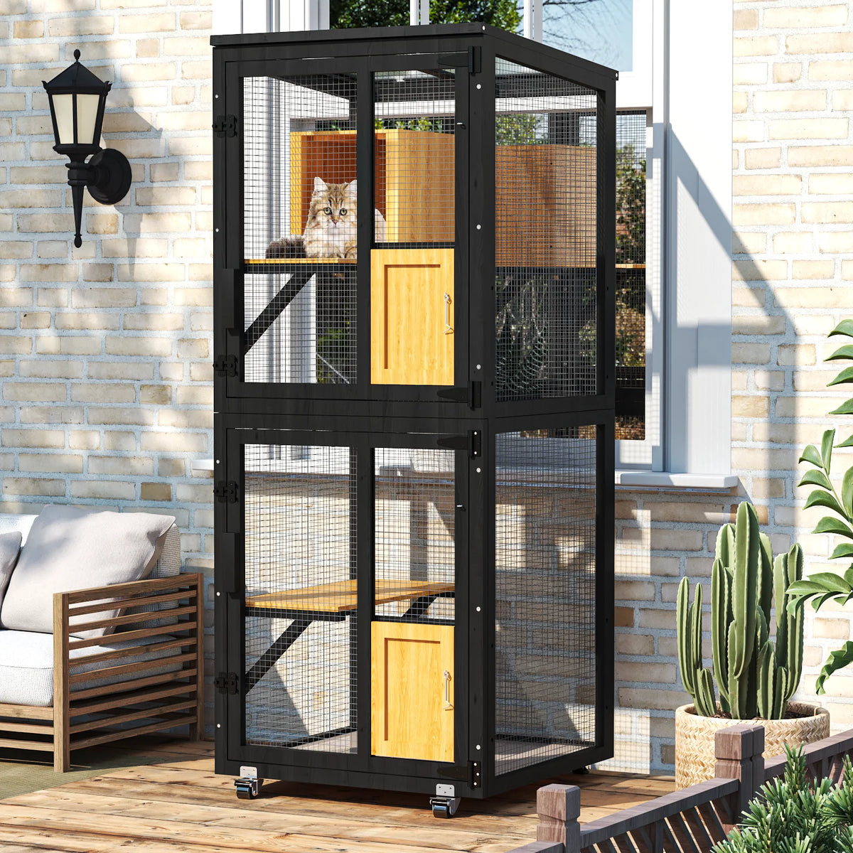4-Tier Outdoor Cat Catio Enclosure, Large Cat Playpen with Wheels,Waterproof Roof,4 Doors & Resting Box,Grey/Black