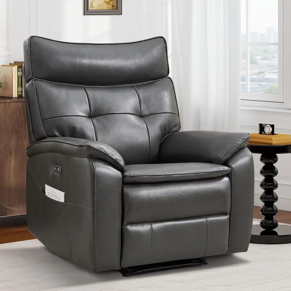 Power Recliner Chair with USB Charge Port, Genuine Leather Electric Reclining Chairs for Adults, Ergonomic Single Recliner Sofa