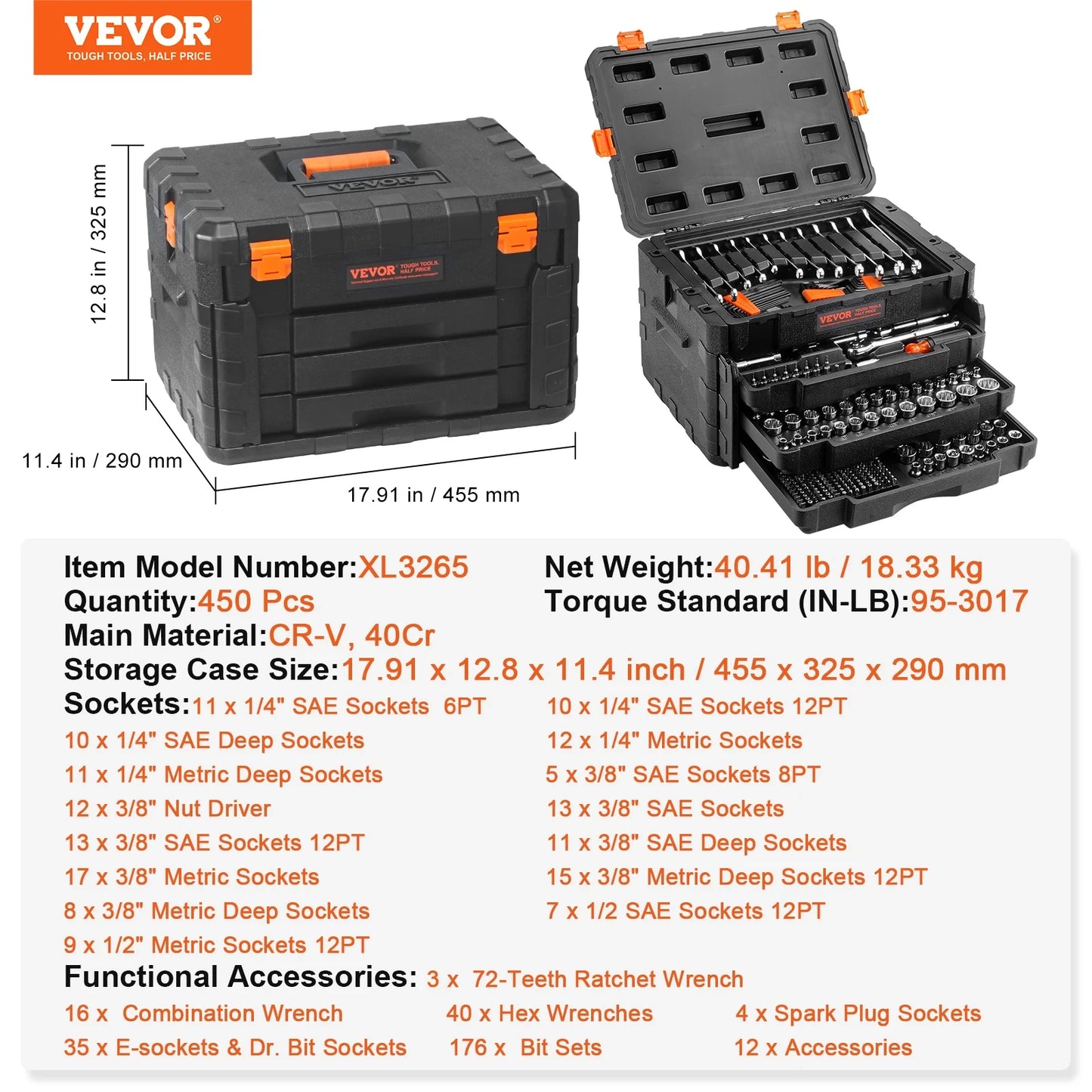 SucceBuy 450 Piece Mechanics Tool Set Sae Metric Sockets