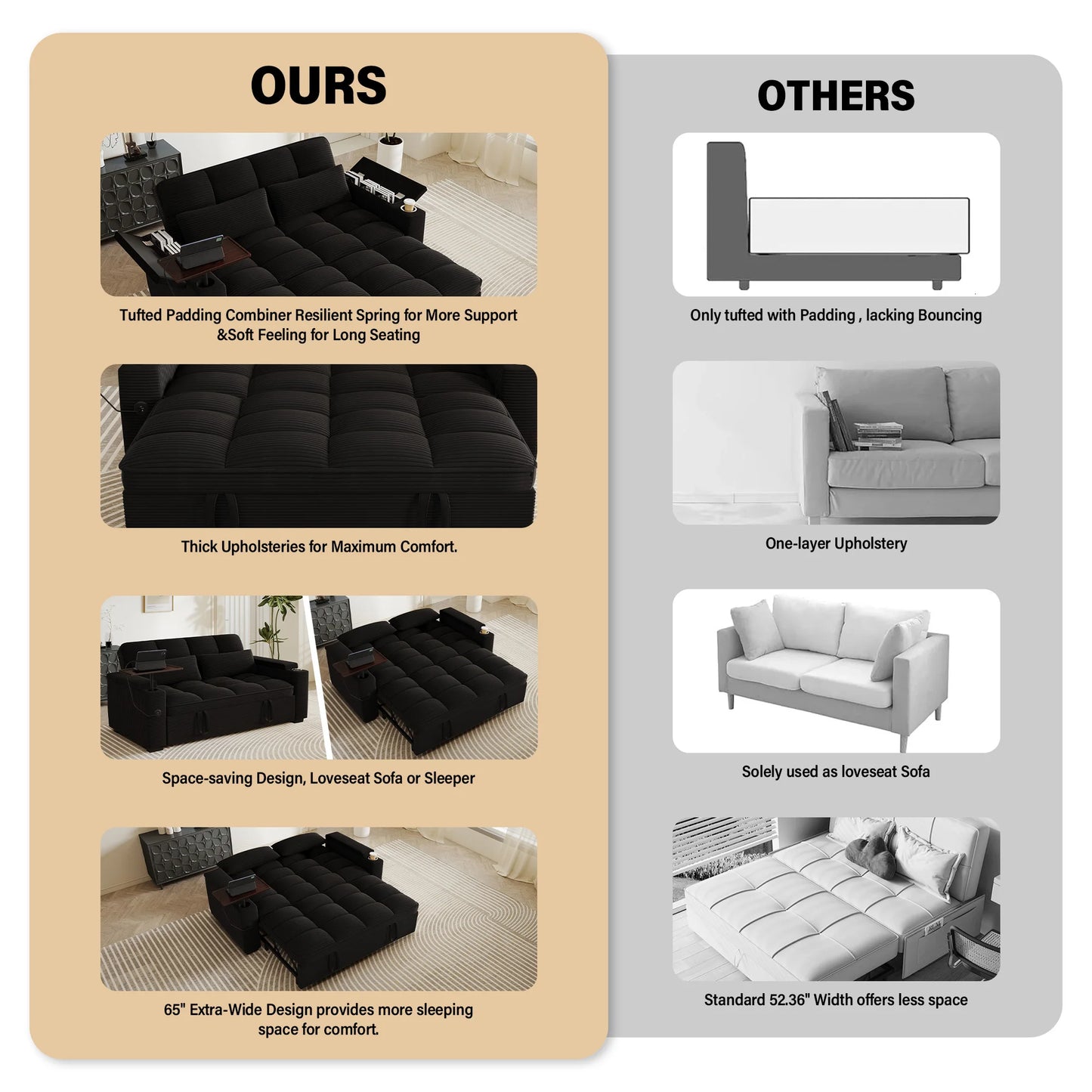 Convertible Folding Sofa Bed With Corduroy Fabric And USB Charging