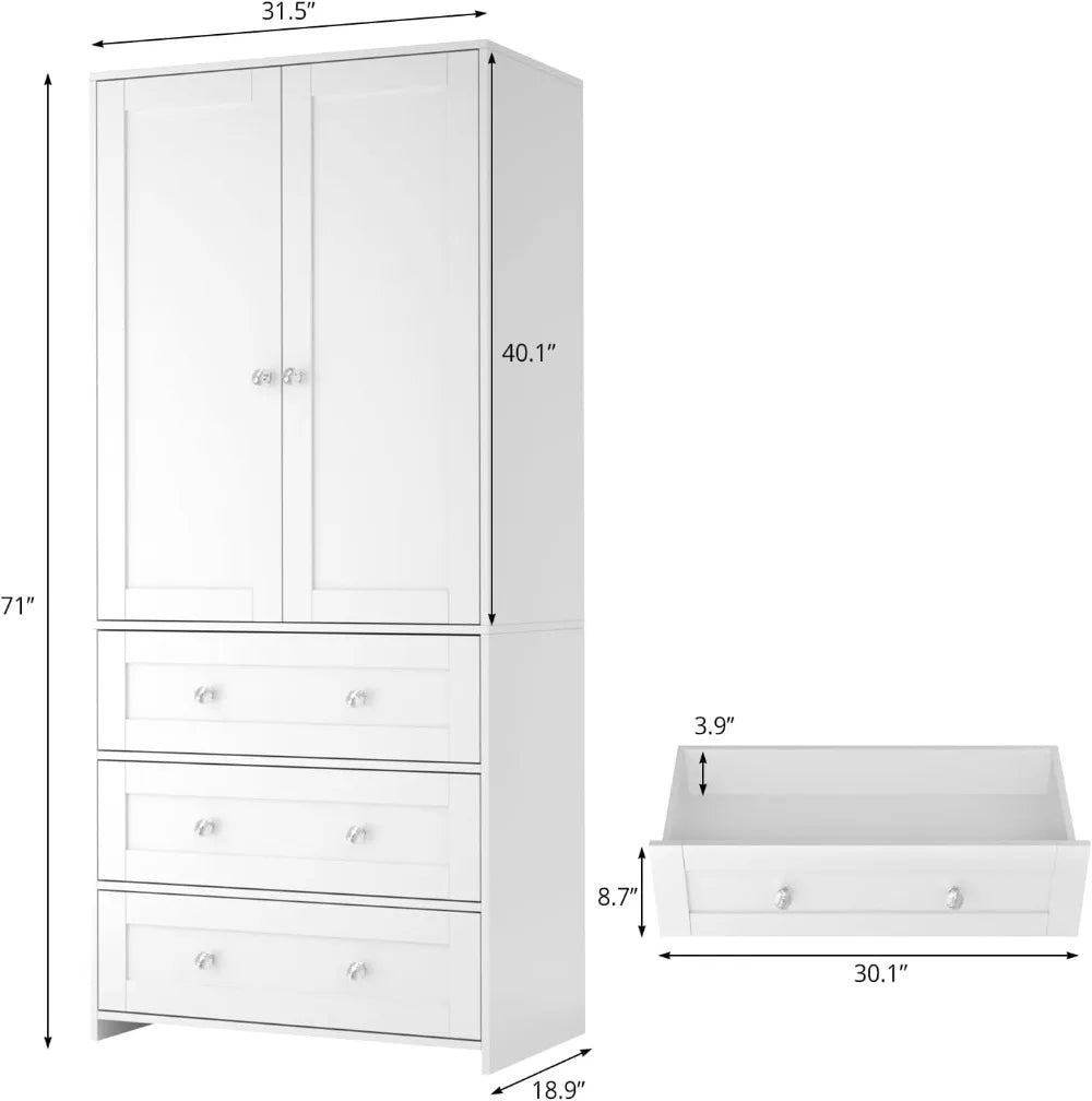71" Wardrobe Closet with Mirror & Drawers, Large Storage Cabinet with Hanging Rod, 2 Doors, Wooden, for Bedroom