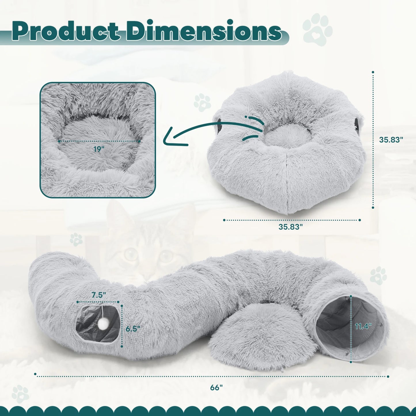JHK Plush Cat Tunnel Bed With Washable Indoor Playground
