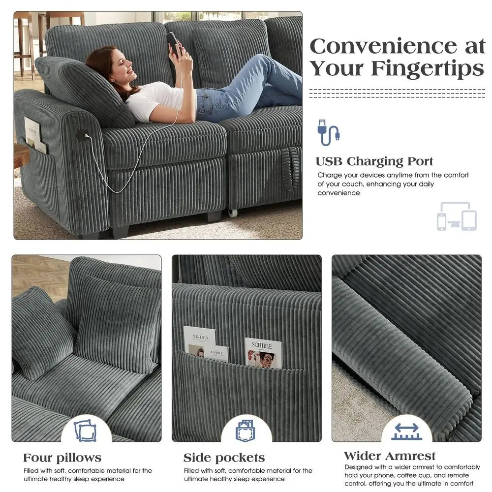 83inch 5Seater Large Sectional Sofa Bed with Storage, Corduroy Reversible Modular Sleeper Sofa with USB Port amp 4 Pillows, Con