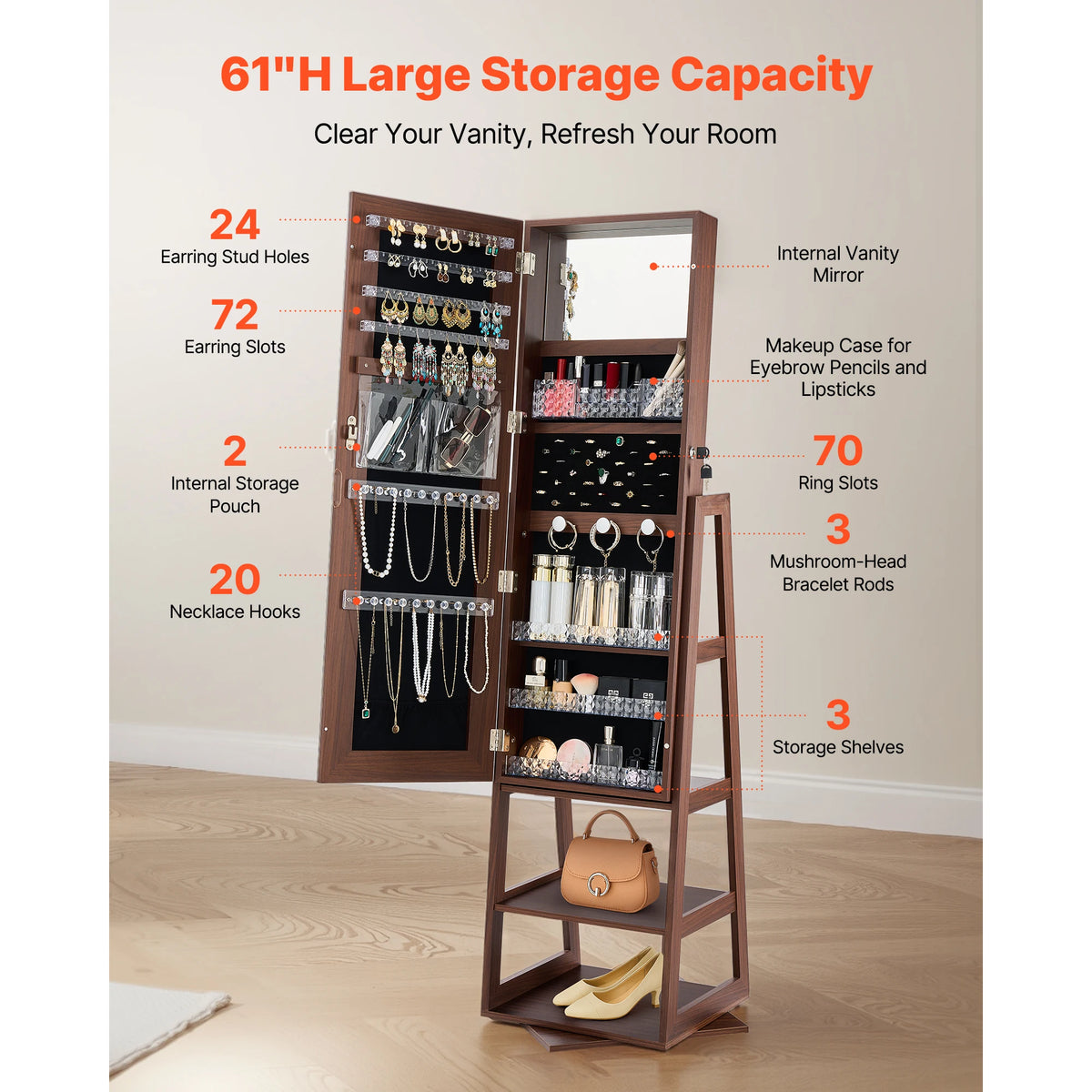 SucceBuy 360° Swivel Jewelry Cabinet 61/63" Tall Full-Length Mirror Lockable Rotatable Armoire Organizer Shelves Pouches 2 Keys