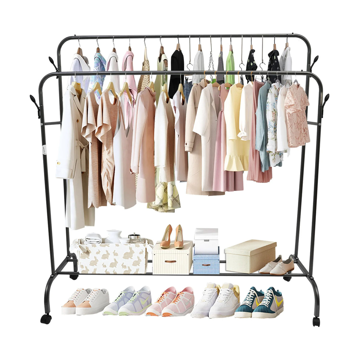 Double Clothes Rail Rack Garment Coat Rack Stand Metal Closet Rod Heavy Duty Floor-Standing with Side Hooks and Swivel Wheels