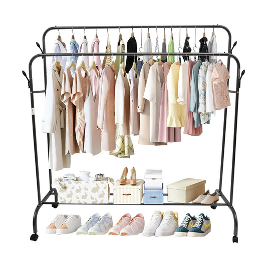 Double Clothes Rail Rack Garment Coat Rack Stand Metal Closet Rod Heavy Duty Floor-Standing with Side Hooks and Swivel Wheels