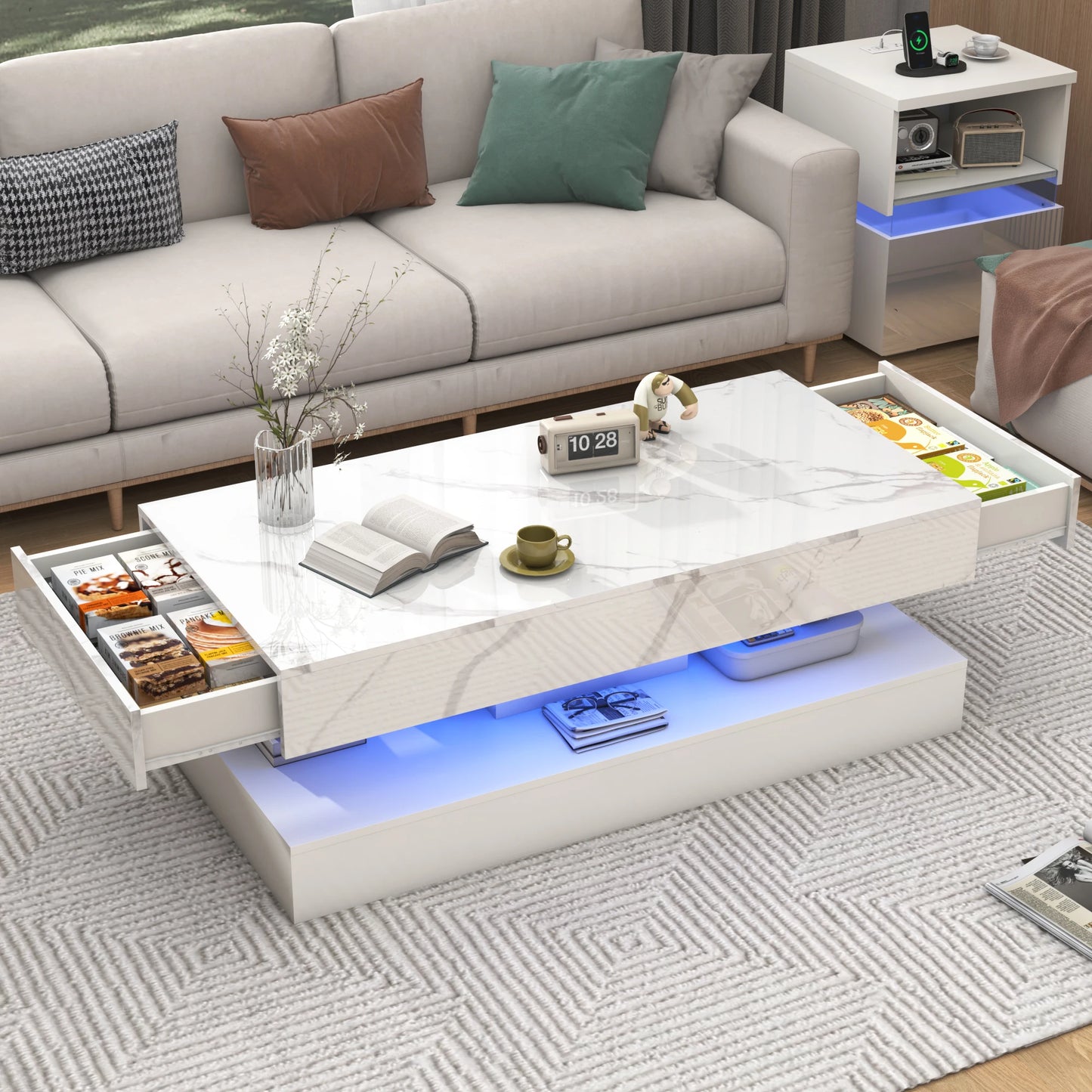 QiaoShiRen Modern Coffee Table With LED Lights And Dual Drawers