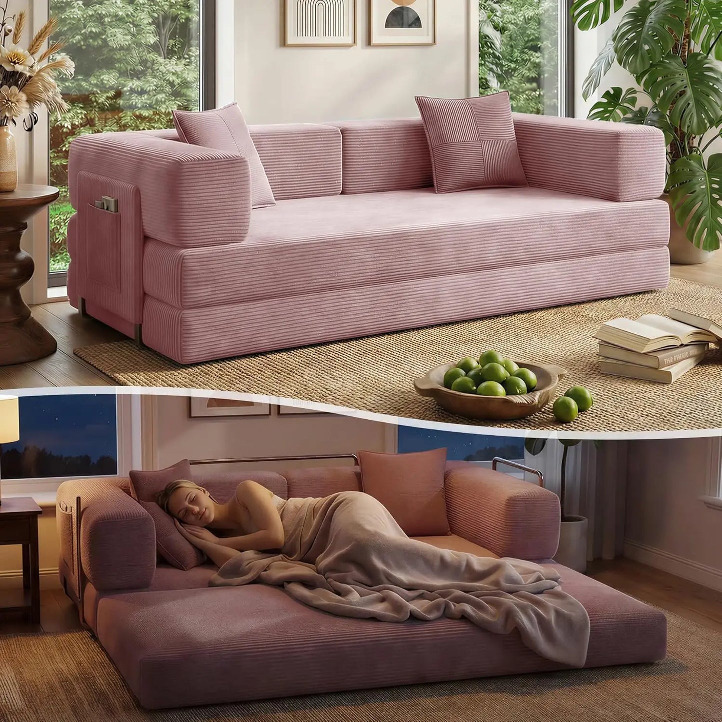 78.8" Convertible Sofa Bed with Armrest Pillow, 4-in-1 Sleeper Couch Bed for Livingroom, Modular Corduroy Boneless, Customized