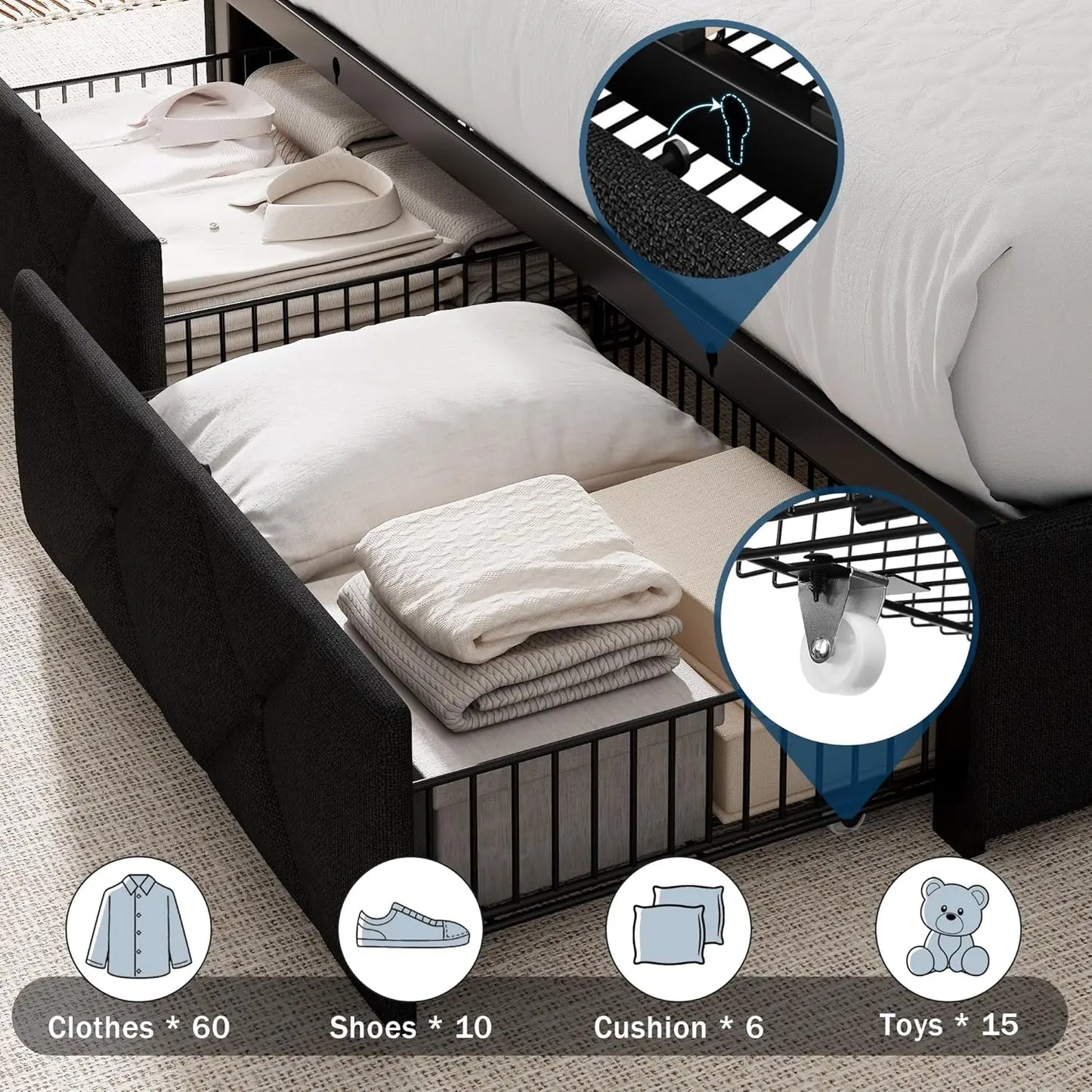 Full Size Upholstered Bed with 4 Storage Drawers, Charging Station, Wingback Headboard, Noise-Free, Black, Customized
