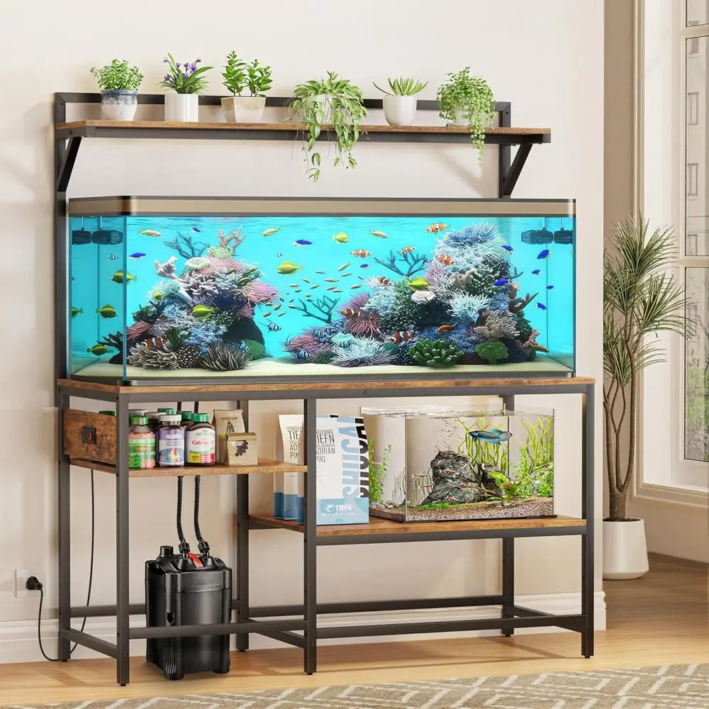 Sturdy Aquarium Stand With Power Outlet And Adjustable Shelves