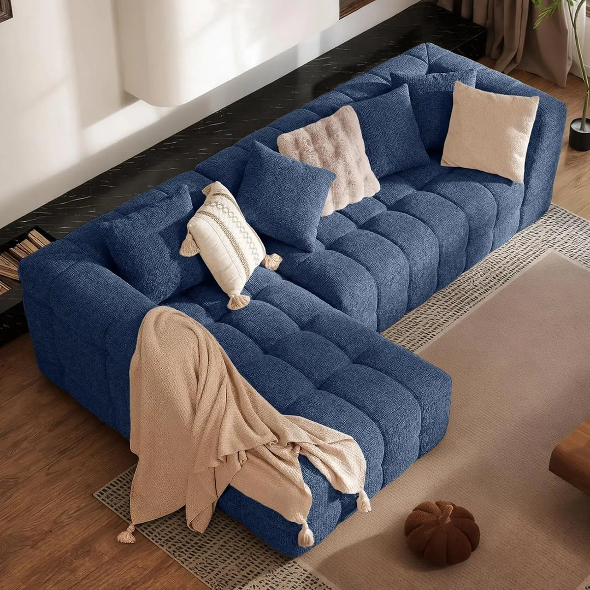 Modern Chenille L Shaped Tufted Sectional Sofa With Boneless Design