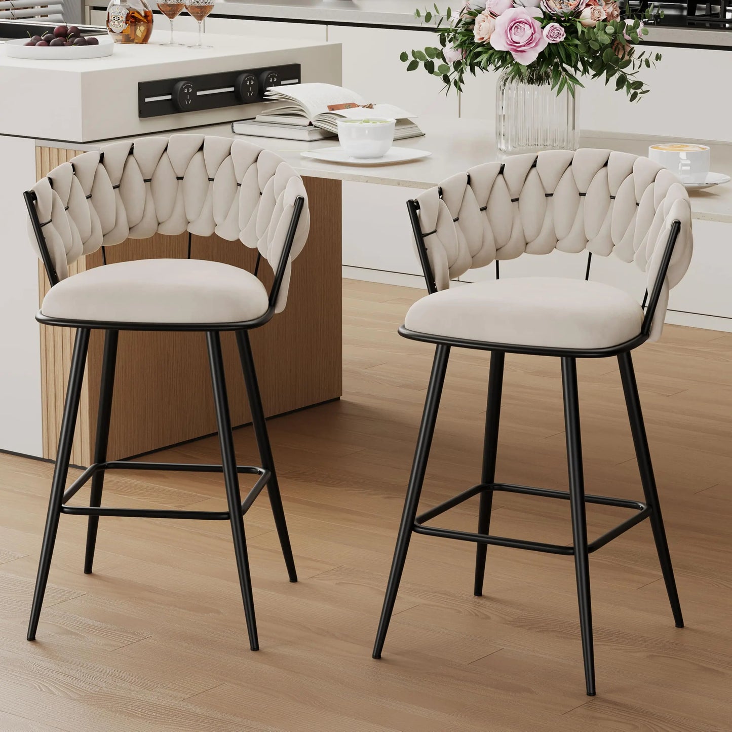 XIAOLANG Modern Counter Height Velvet Woven Back Bar Stools