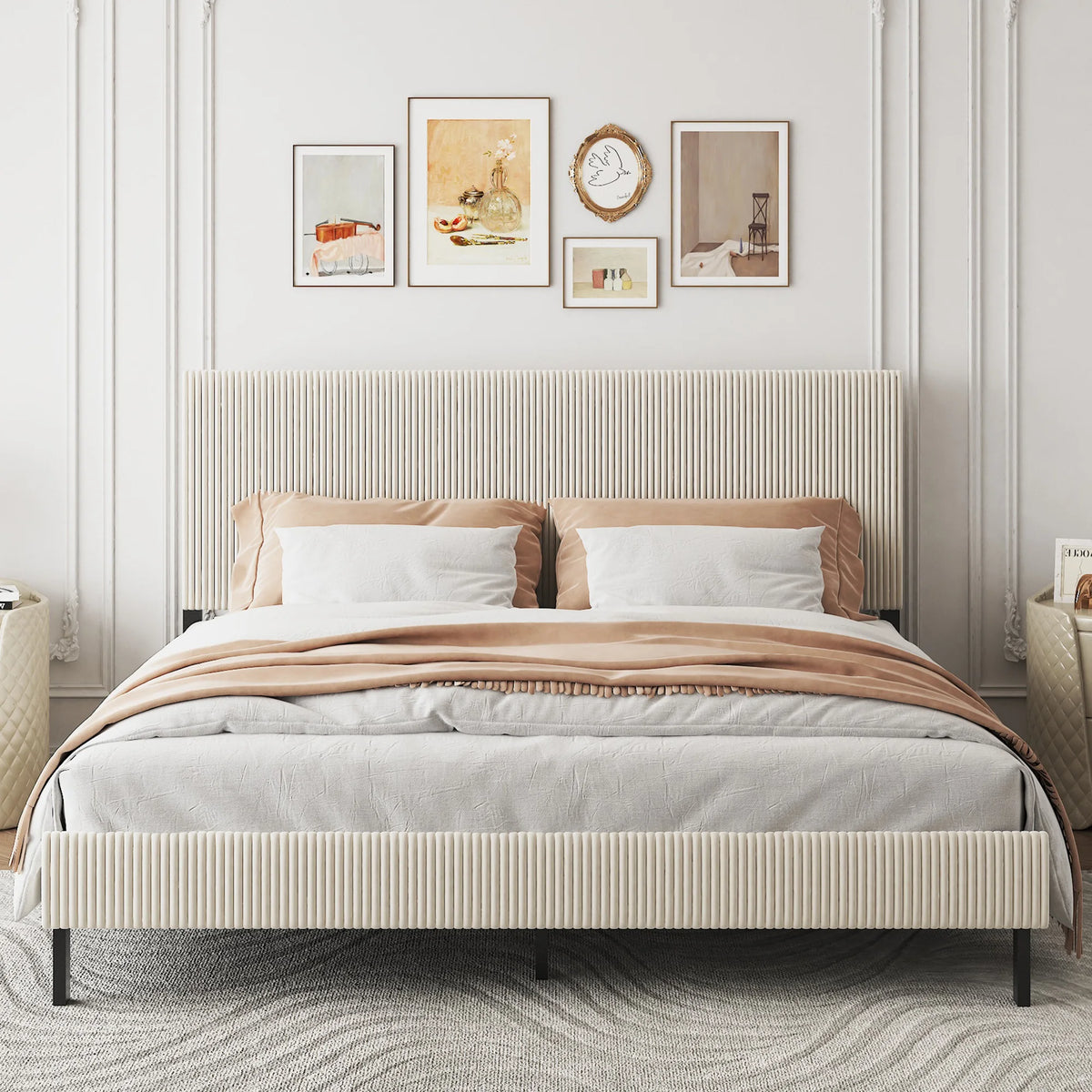 Upholstered Platform Bed Frame With Tall Headboard Easy Assembly