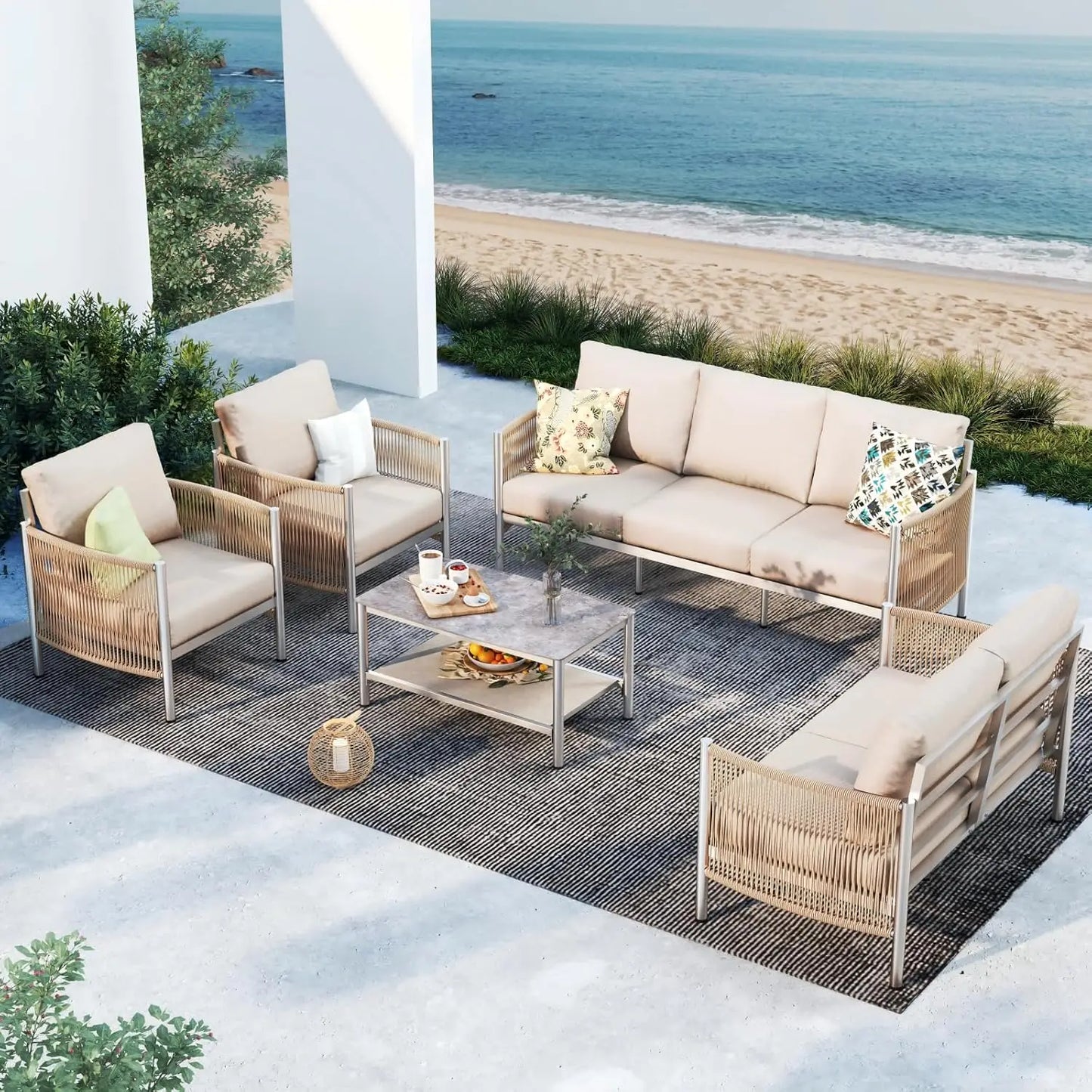 Aluminum Outdoor Patio Furniture Set With Dual Layer Coffee Table