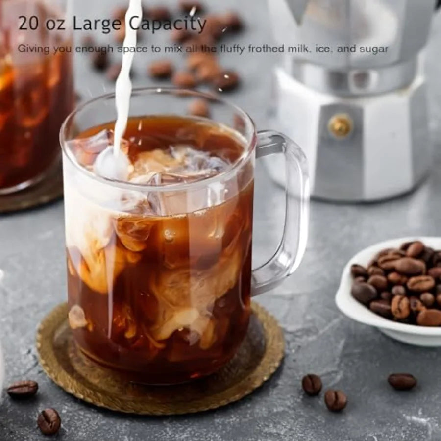 Glass Coffee Mugs, Ice Coffee Cups Set of, Large Clear Tea Cups, Glass Mugs with Handles for Hot Beverages, Glass Cups for Latt