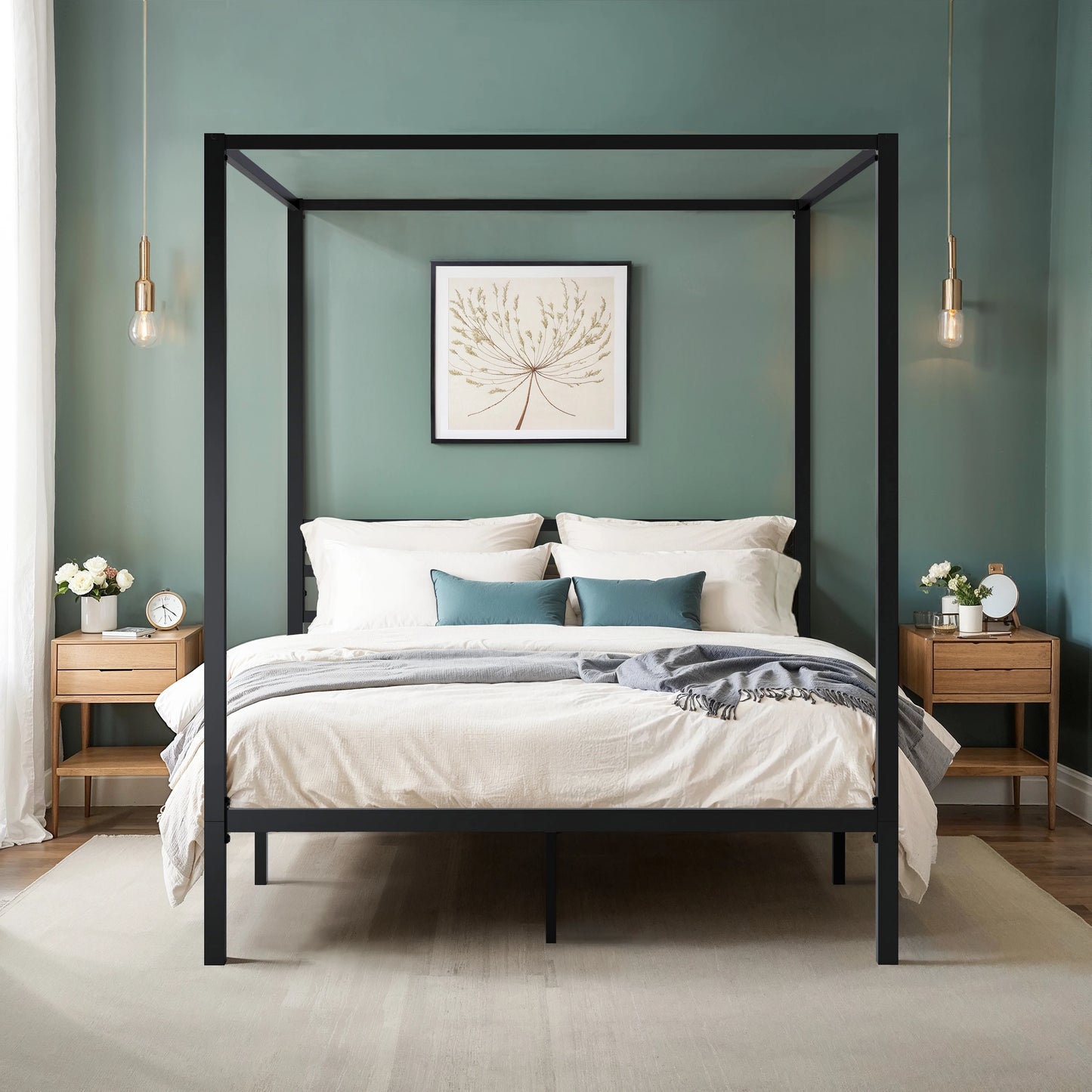 HOOMIC 4-Poster Metal Canopy Bed Frame with Built-In Headboard