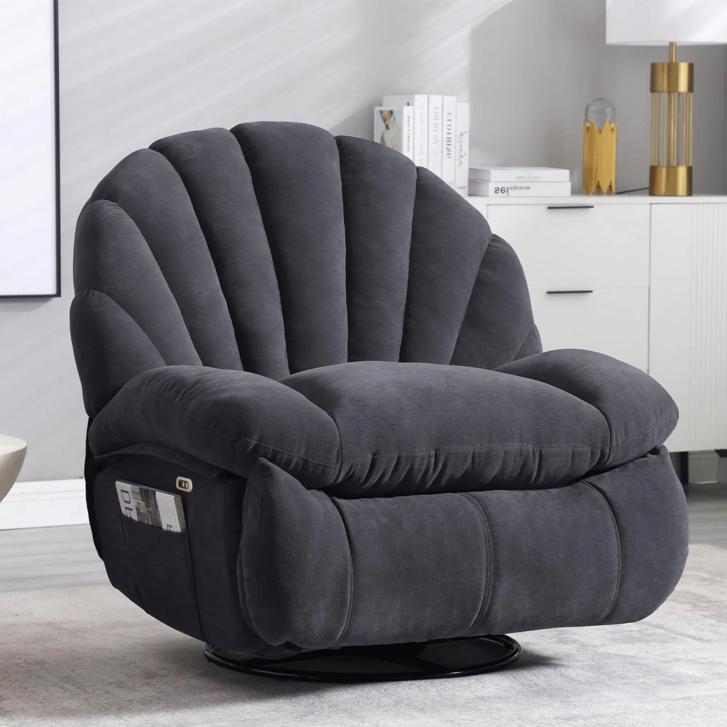 Power Recliner Chair With 360 Swivel And Storage Soft Fabric