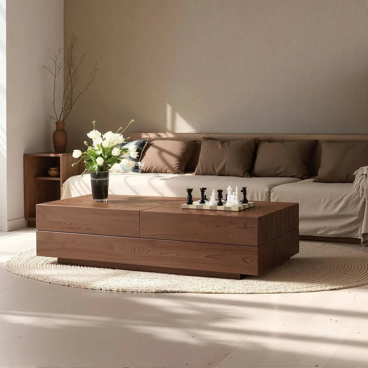Mid-Century Modern Farmhouse 47.2-81.8" Expandable Coffee Table，Adjustable Center Table with Large Storage for, Customized