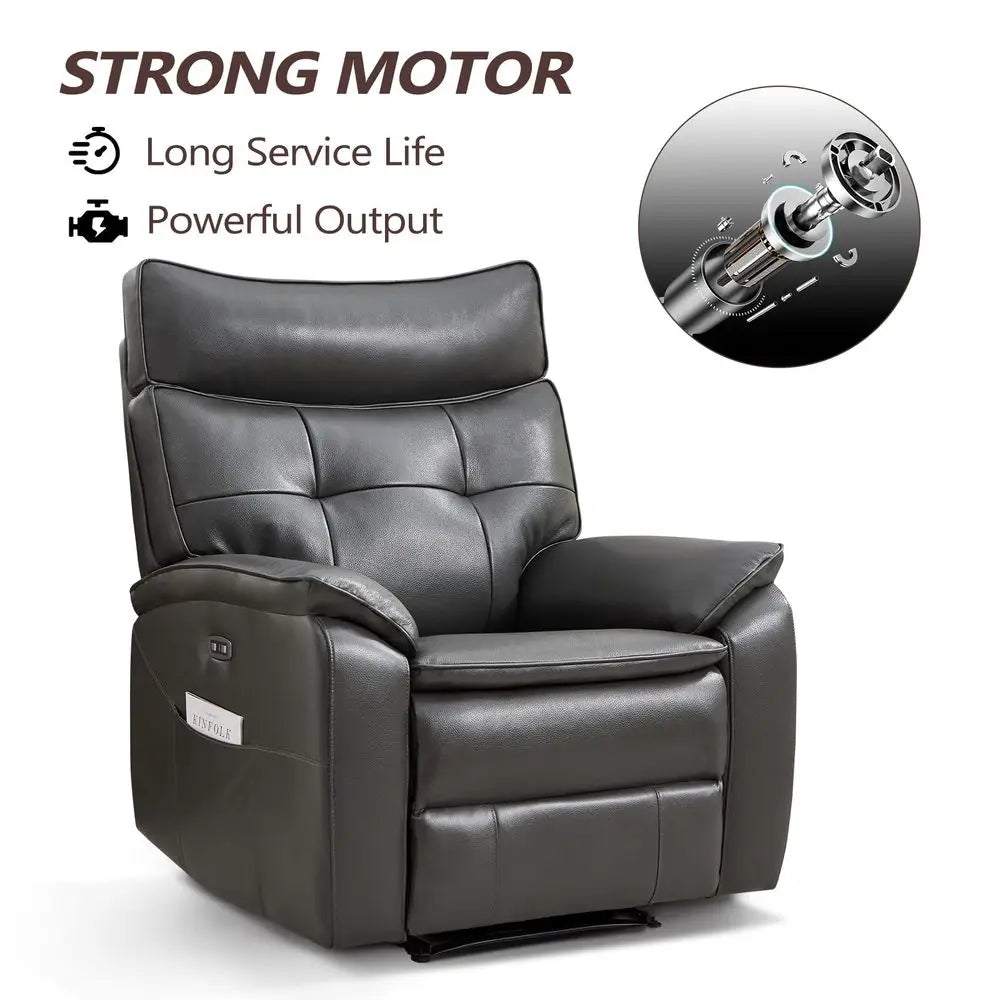 Power Recliner Chair with USB Charge Port, Genuine Leather Electric Reclining Chairs for Adults, Ergonomic Single Recliner Sofa