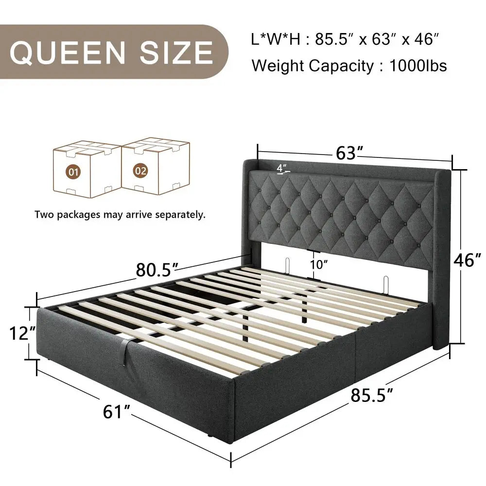 Queen Size Lift Up Storage Bed Frame with Charging Station, Upholstered Bed Frame with Storage, No Box Spring Needed, NoiseFree