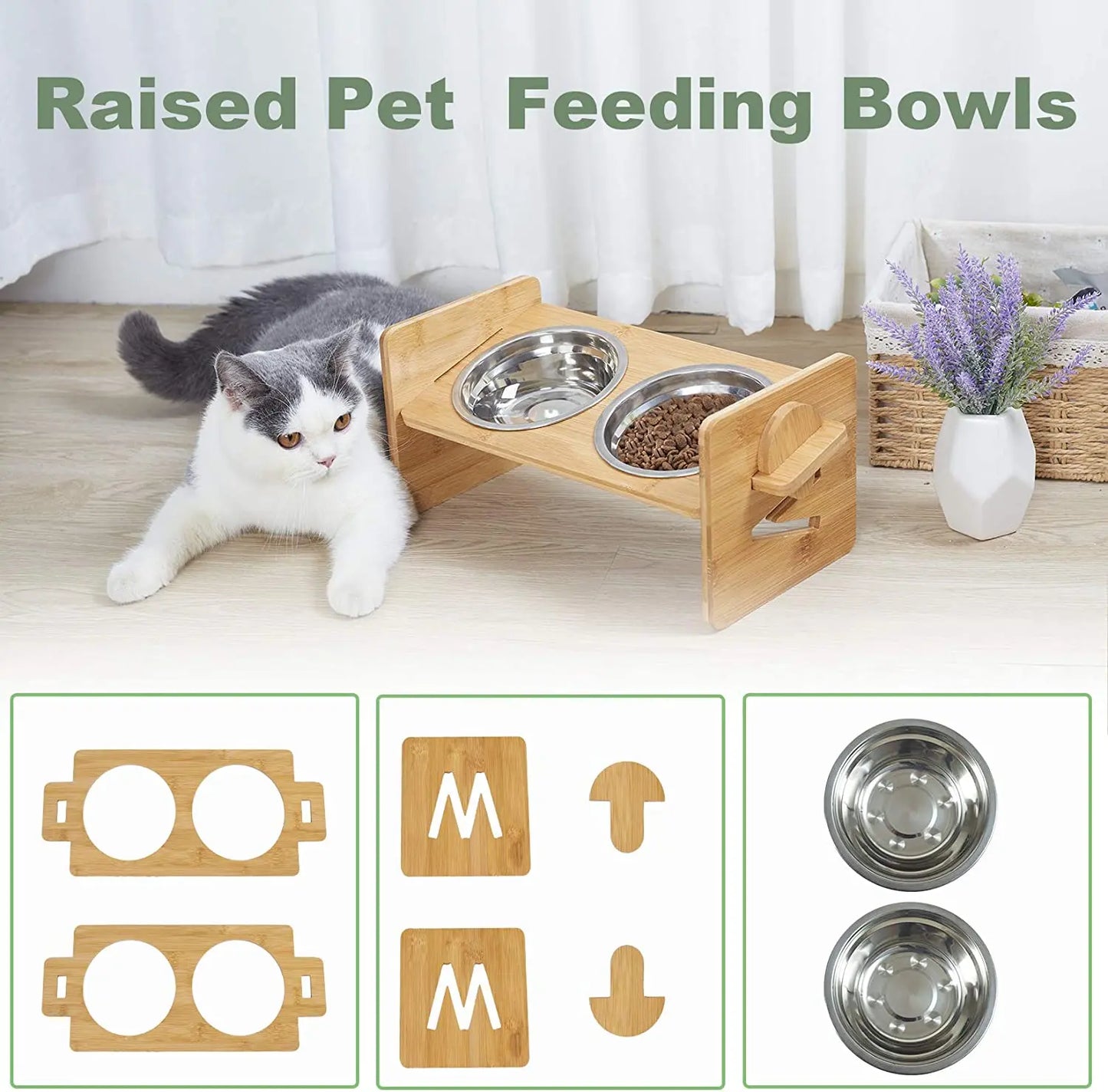 Adjustable Wooden Cat Feeder With Stainless Steel Bowls