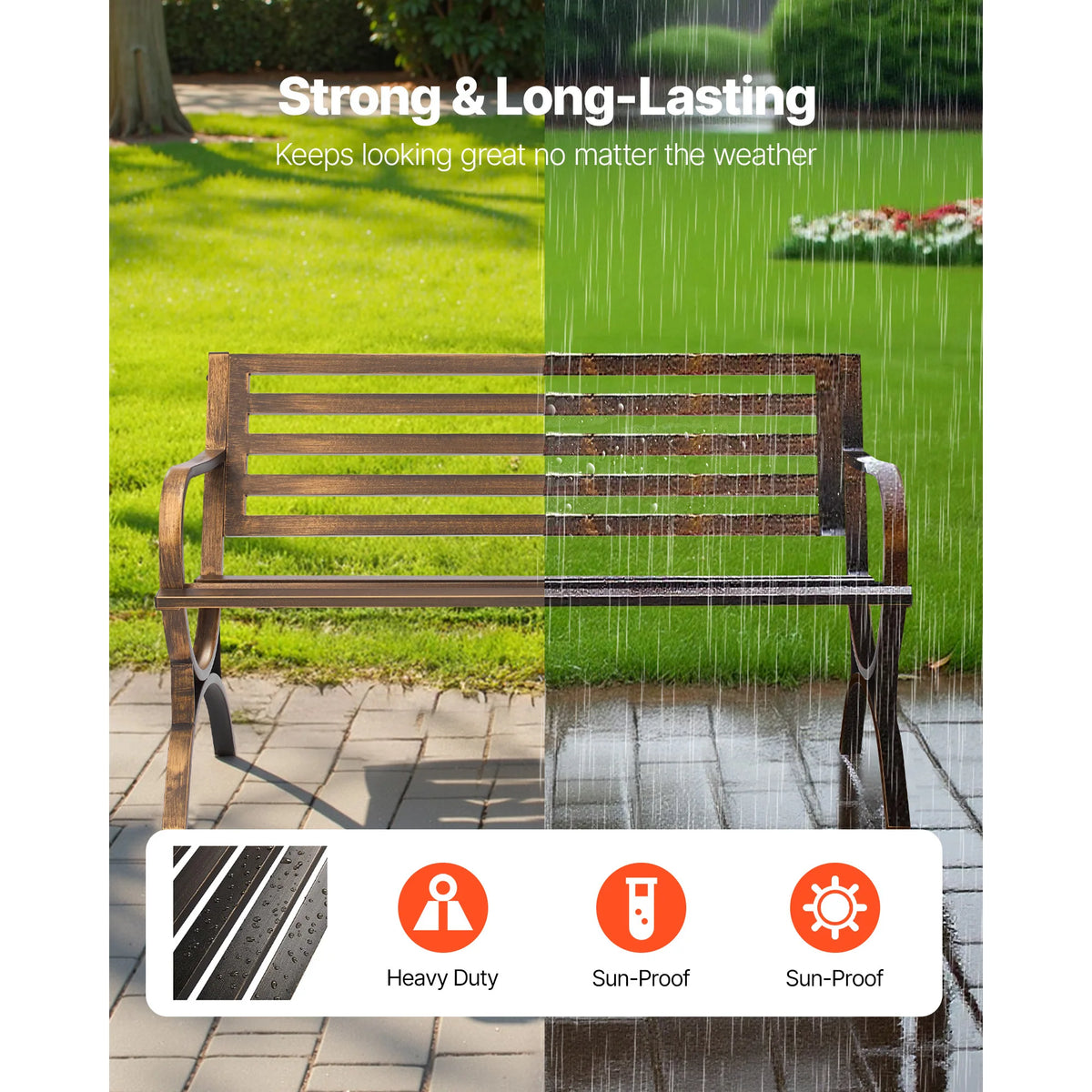 SucceBuy Outdoor Bench Carbon Steel Metal Frame with Backrest and Round Edge Armrests Weatherproof Outside Bench for Patio Park