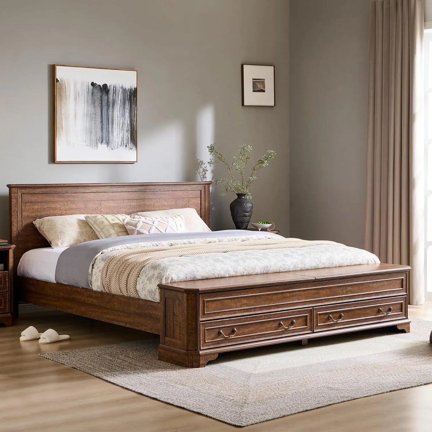 Farmhouse King Bed with Headboard and Storage Bench, Rustic Wood Platform Bed with 80" Storage Chest w/ 4 Large, Customized