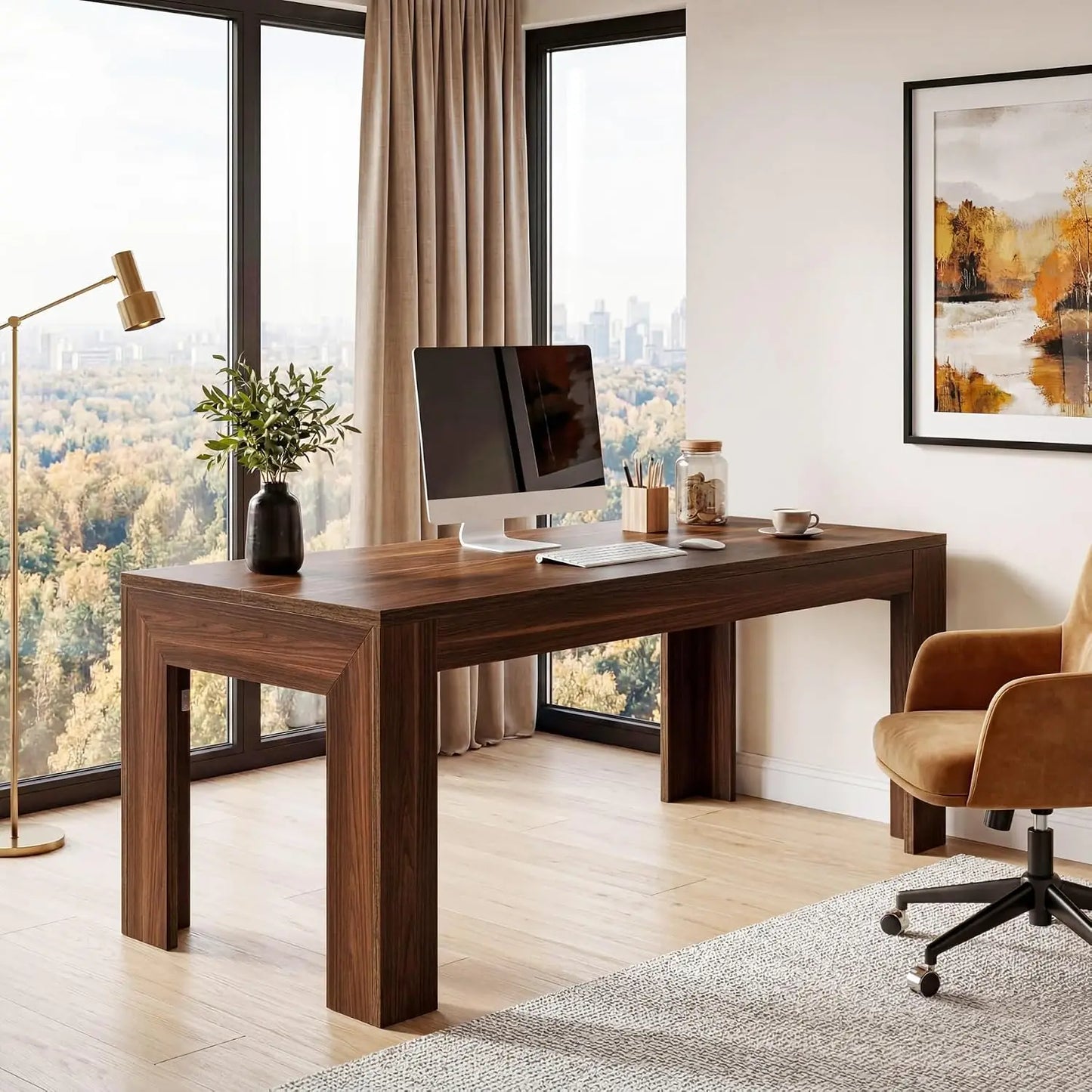 63" Modern Home Office Desk, Long Wooden Computer Desk, Walnut | Large Executive Office Desk for Home Office 31.5", Customized