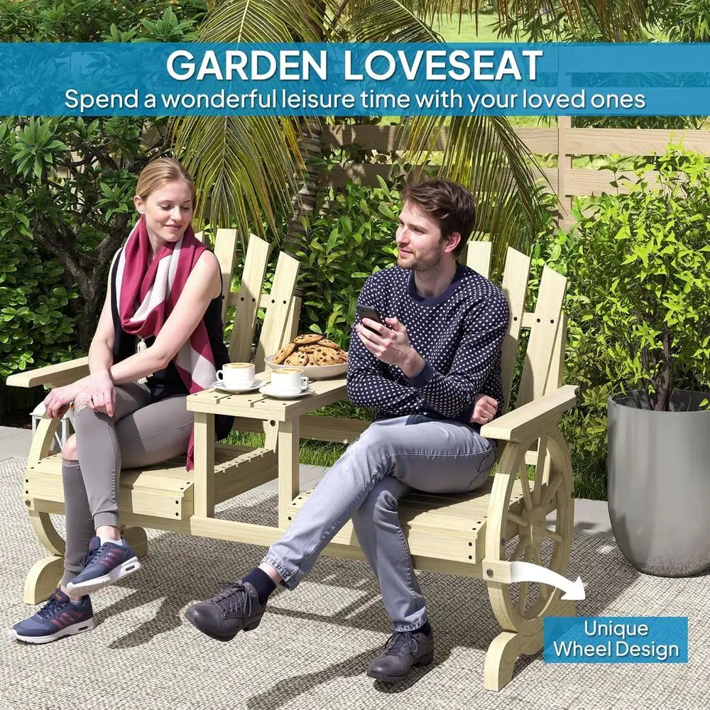 2-Seater Wooden Garden Bench with Table, Umbrella Hole, Wagon Wheel Design, Slatted Seat, High Backrest, Armrests
