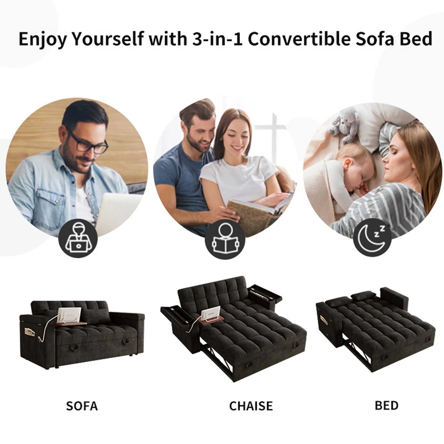 Adjustable Foldable Sofa Bed With USB Port And Storage Armrests