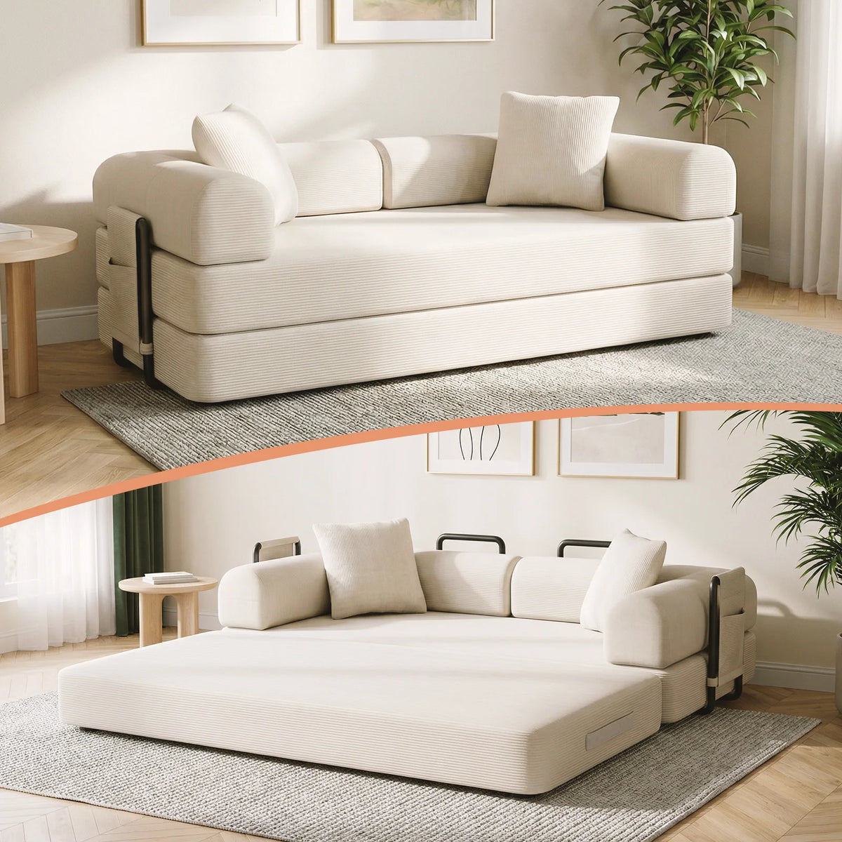 Convertible Compression Sofa Bed High Density Foam Corduroy Upholstery Space Saving Portable Sleeper Sofa for Guest Room Home