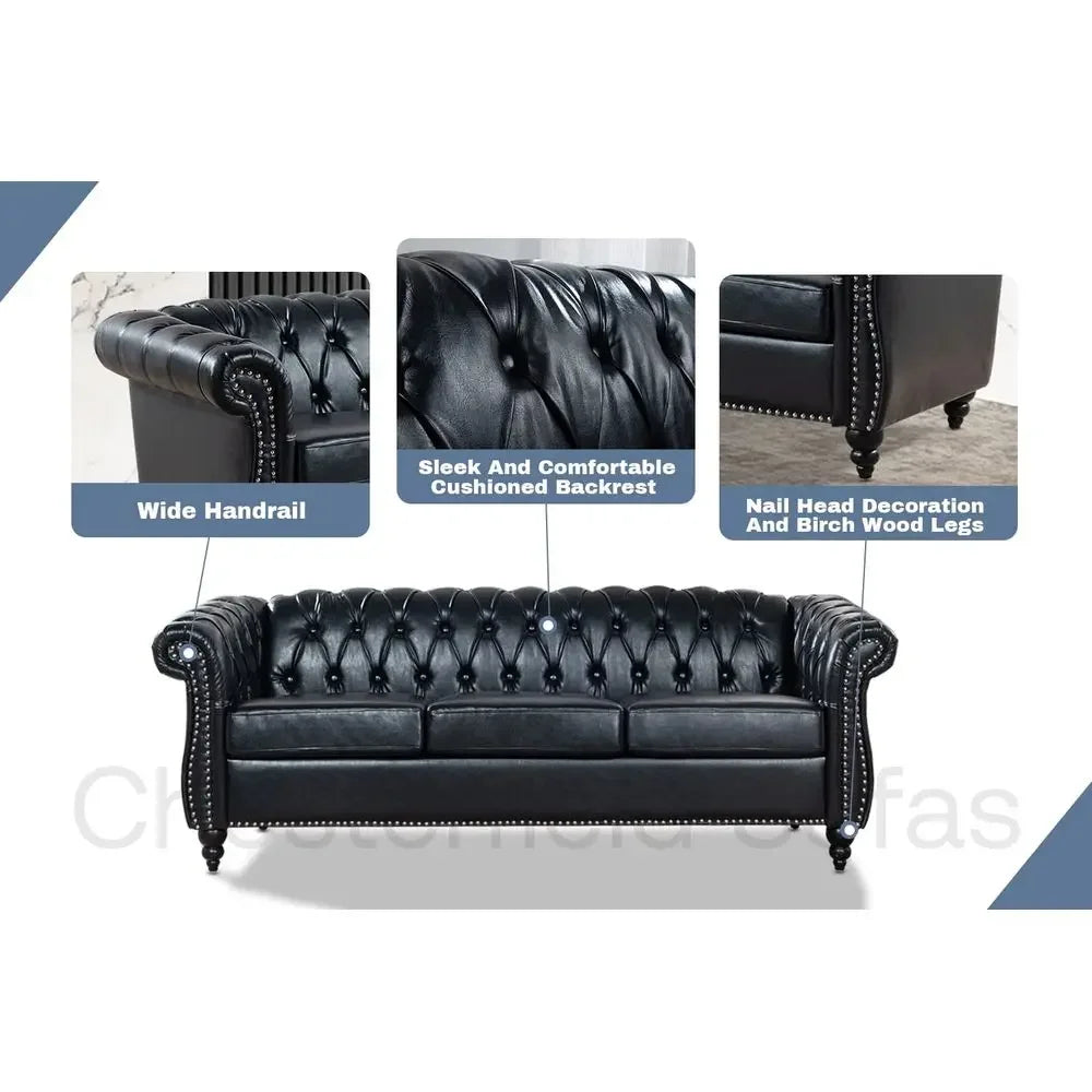 Chesterfield Leather Sofa for Living Room, Comfy DeepSeated 3Seater Sofa for Bedroom, Office, or Apartment. Luxury Classic Sofa