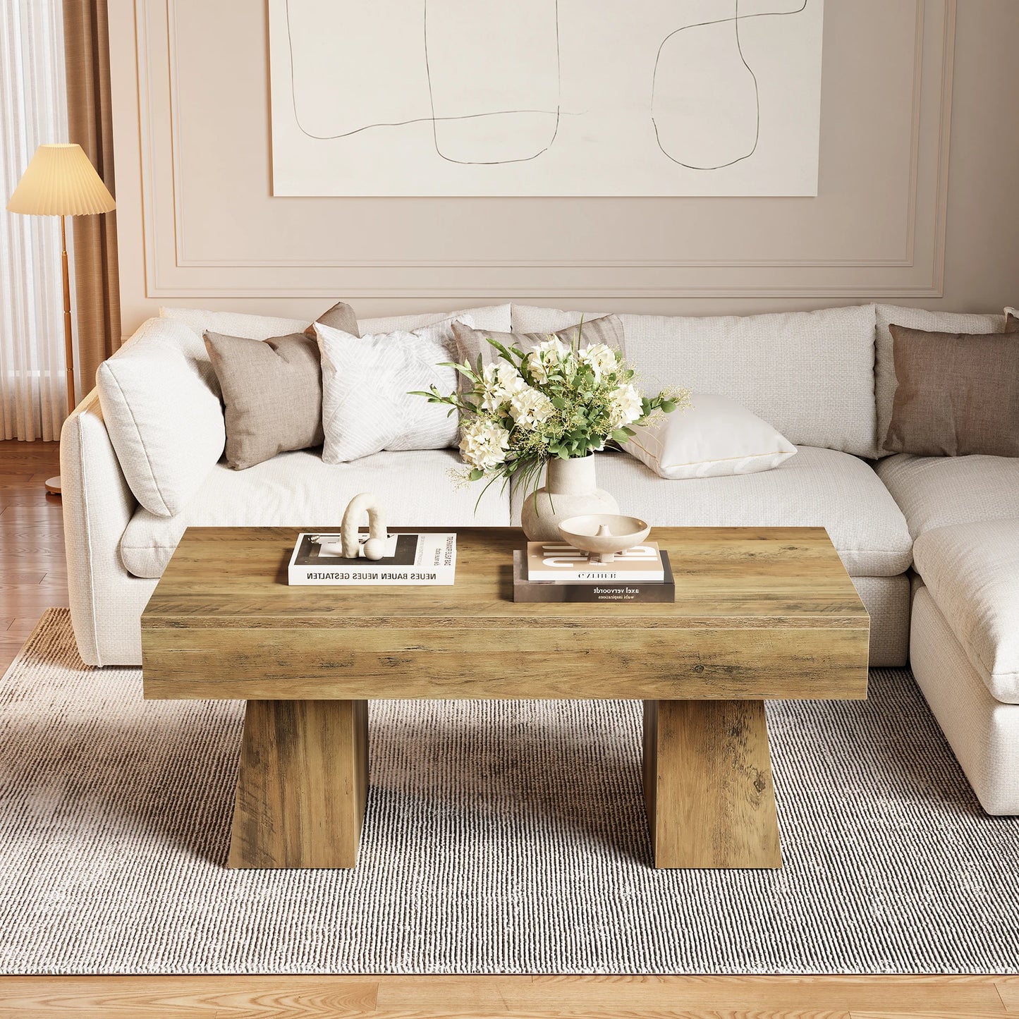 TribesignsFarmhouse Coffee Table, 120cm Wooden Accent Center Tables with Thick Base, Modern Low Cocktail Tea Furniture for
