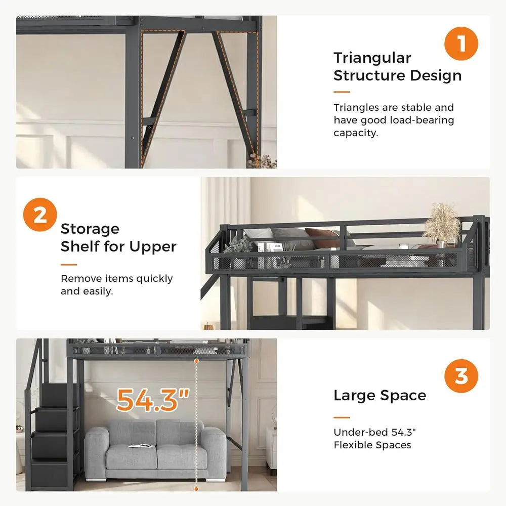 Space-Saving Bunk Bed with Storage Stairs, Wardrobe, and Metal Guardrail for Kids and Teens in Black