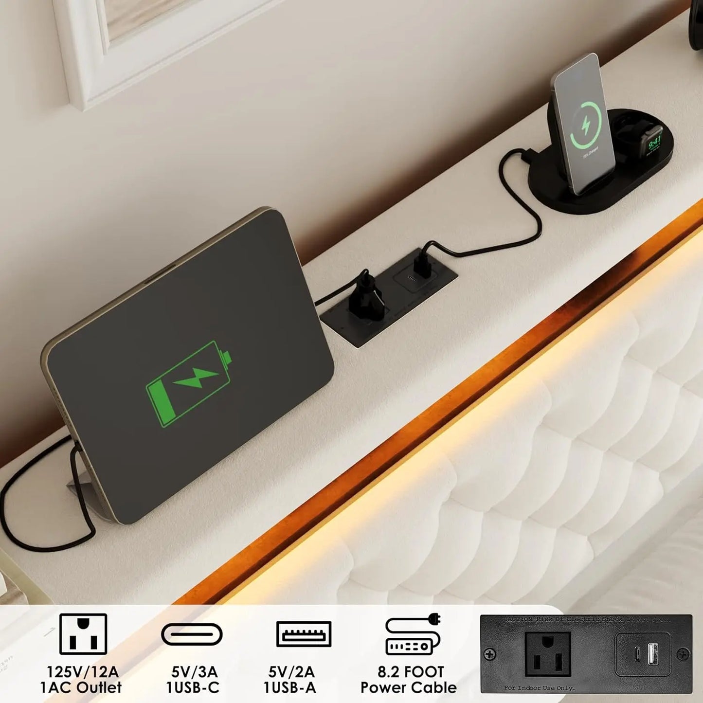 Queen LED Storage Bed Frame USB Charging Velvet Upholstered 2 Drawers Tufted Headboard No Box Spring, Customized
