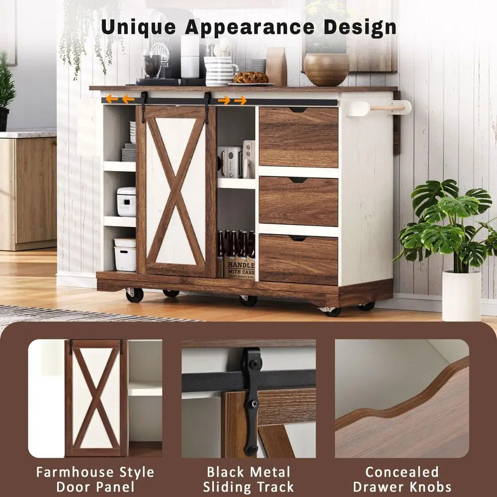 Rolling Kitchen Island with Power Outlet and Drop Leaf, Mobile Kitchen Island Table on Wheels with Barn Door Storage Cabinet, S