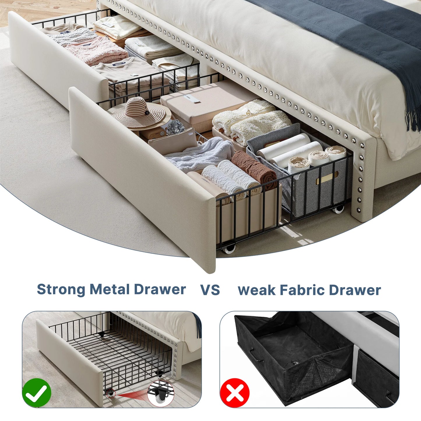 Upholstered Platform Bed Frame With Storage Headboard And Drawers