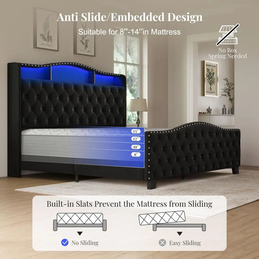 King Size Bed Frame and Headboard, 50.9 Velvet Upholstered Wingback Bedframe with LED Lights amp Storage Charging Station, Butt