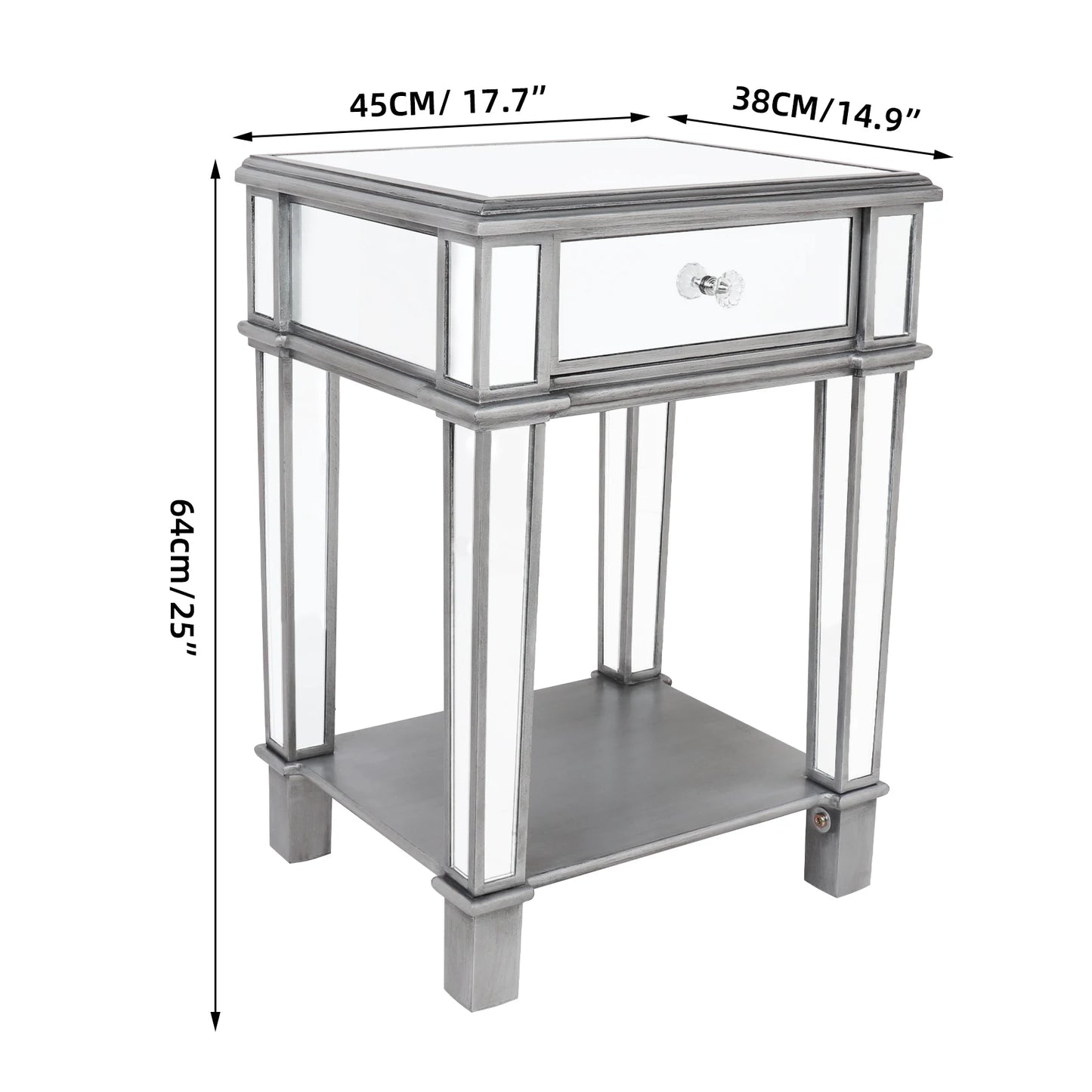 Modern Silver Mirrored Wood And Glass End Table With Drawer