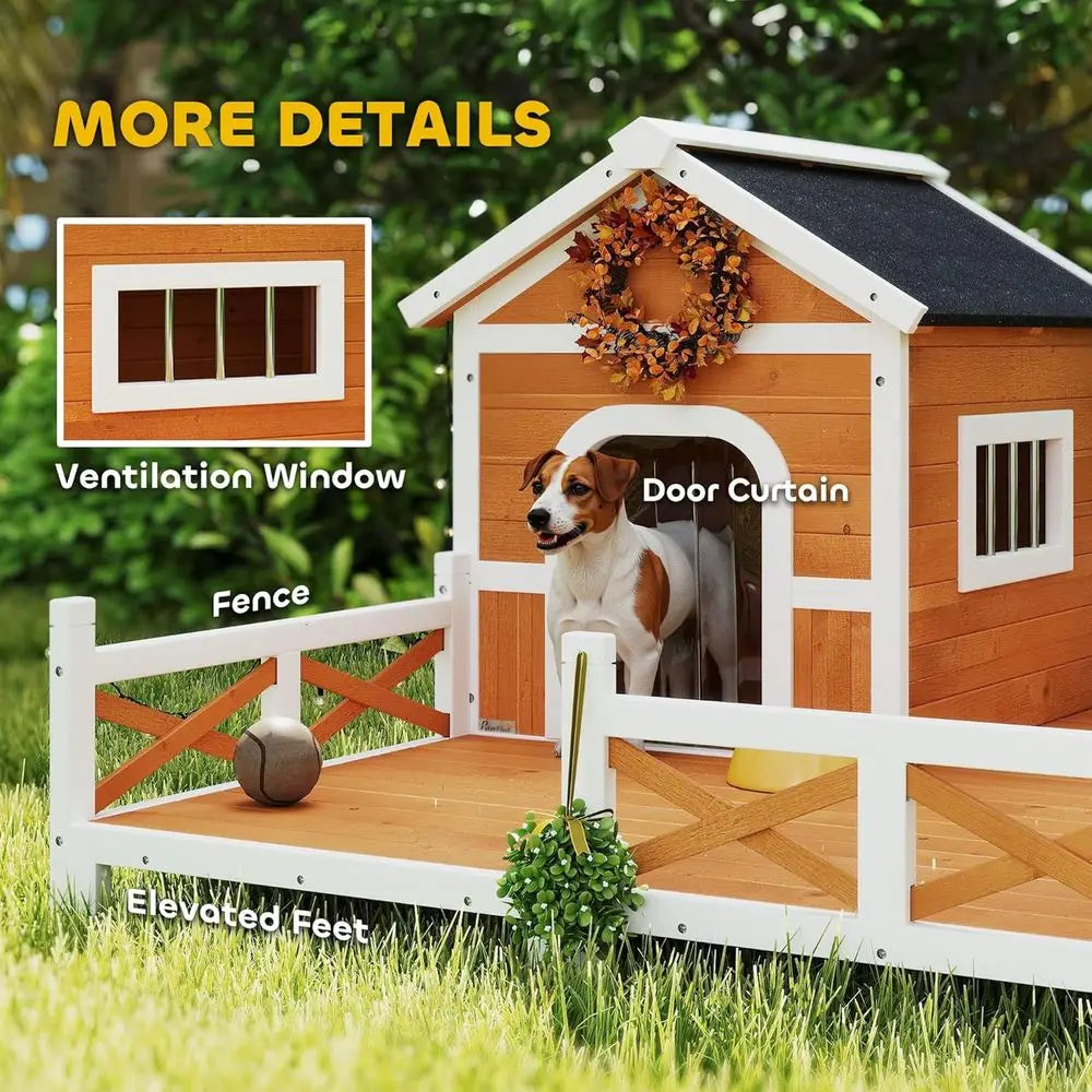 Outdoor Wooden Dog House With Porch And Weatherproof Openable Roof