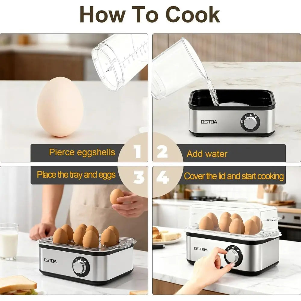 Egg Cooker, 8-Egg Electric Boiler or Hard Boiled Eggs | Omelet Bowl, Auto Shut-O, Sot Medium Hard Eggs, 500W Steam Cooking, Meas