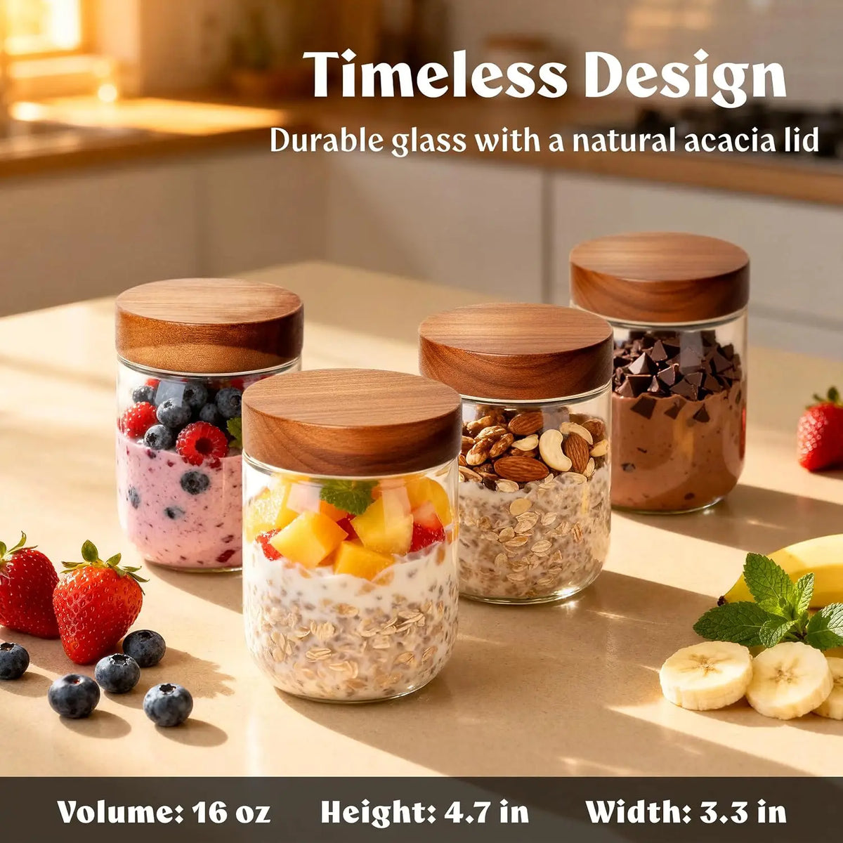 Airtight Glass Meal Prep Jars With Acacia Lids For Oats