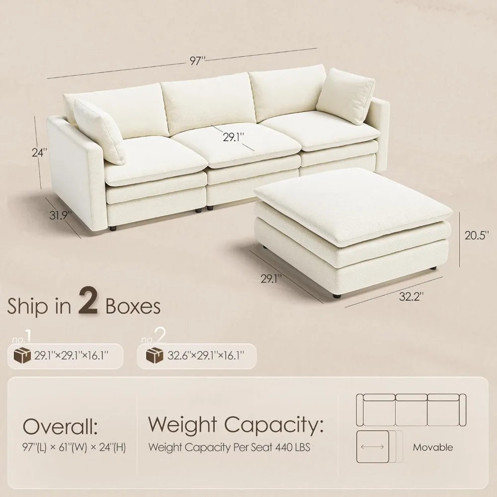 97" Deep Seat Modular Sectional Sofa with Movable Ottoman for Living Room, Custom