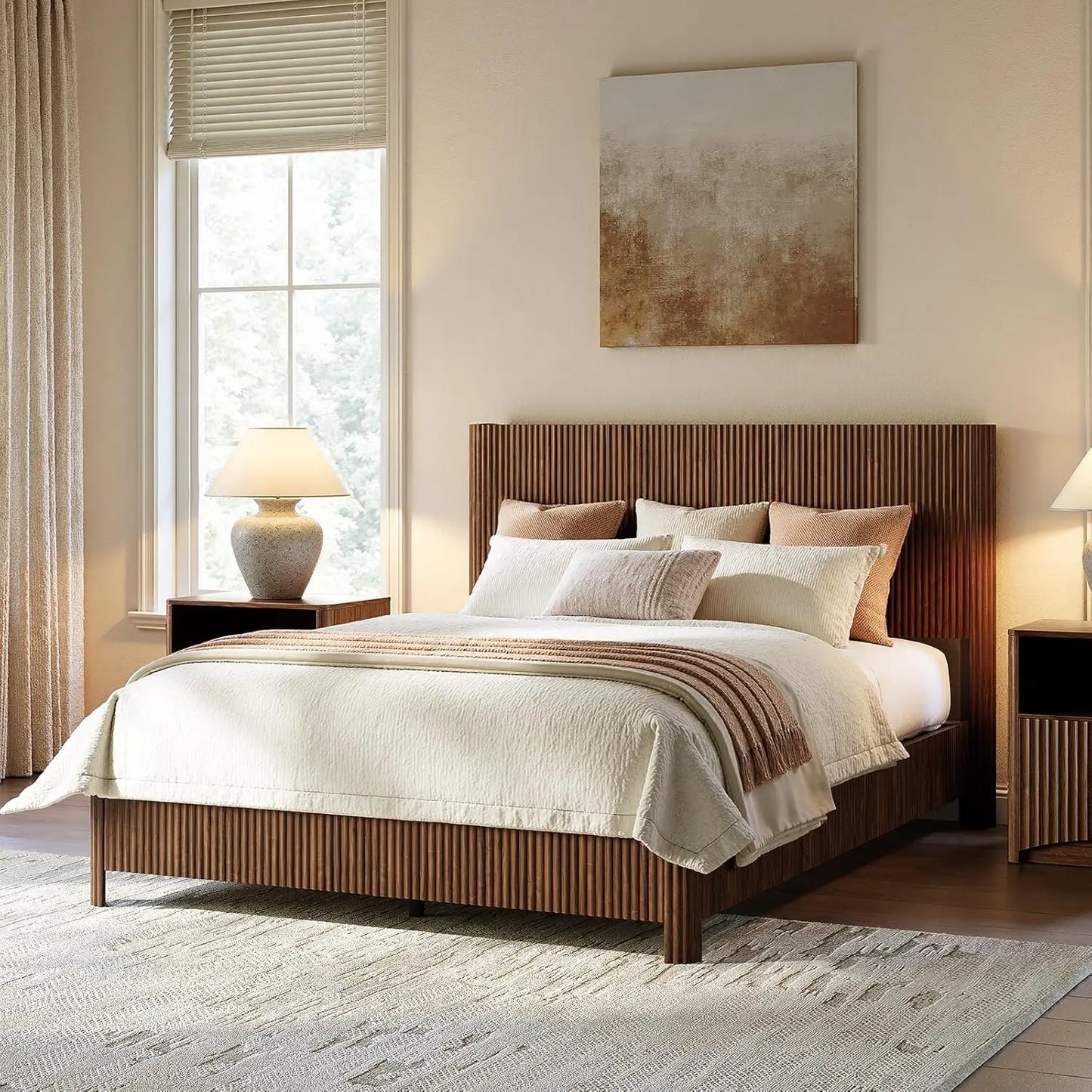 Walnut Queen Platform Bed Frame Fluted Mid Century Modern Boho No Box Spring Wavy Grooved Panel, Customized