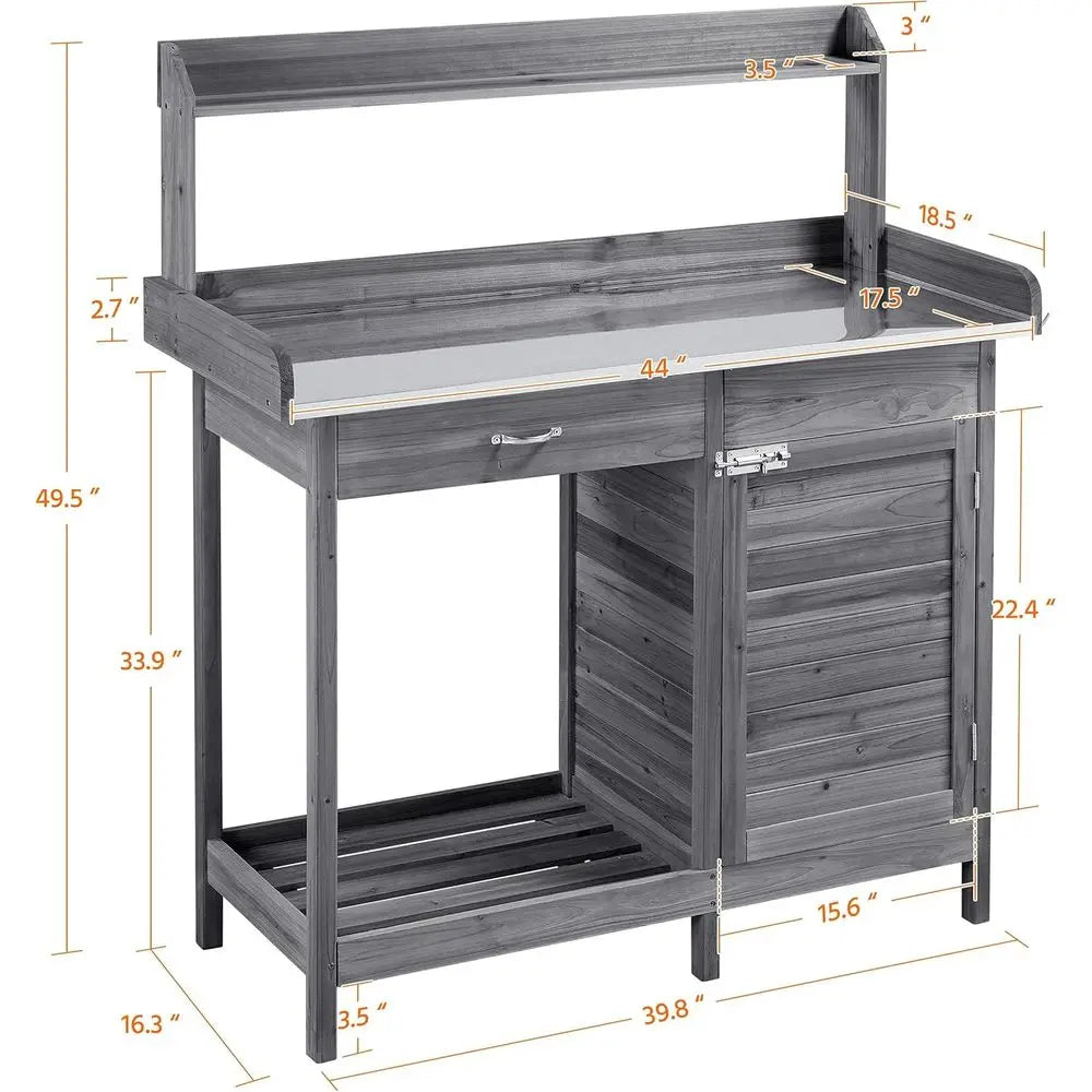 Gray Outdoor Garden Workstation with Metal Table, Cabinet, Open Top, Lower Shelf, and Hooks
