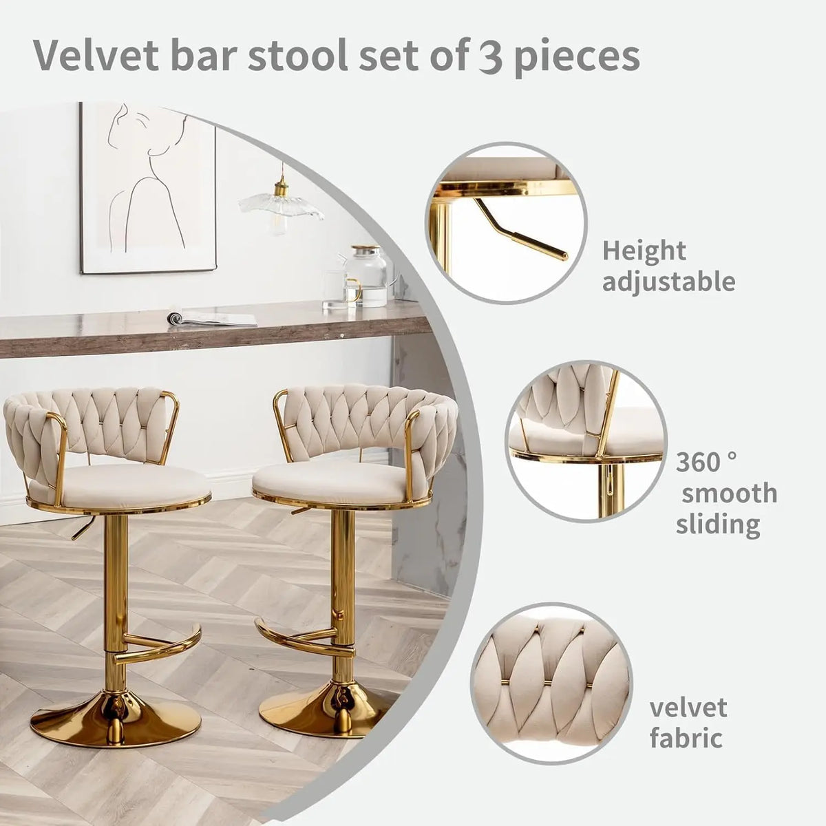 Adjustable Velvet Counter Height Bar Stool Set 3 Low Back 360° Swivel Kitchen Island Pub Chair , Custom